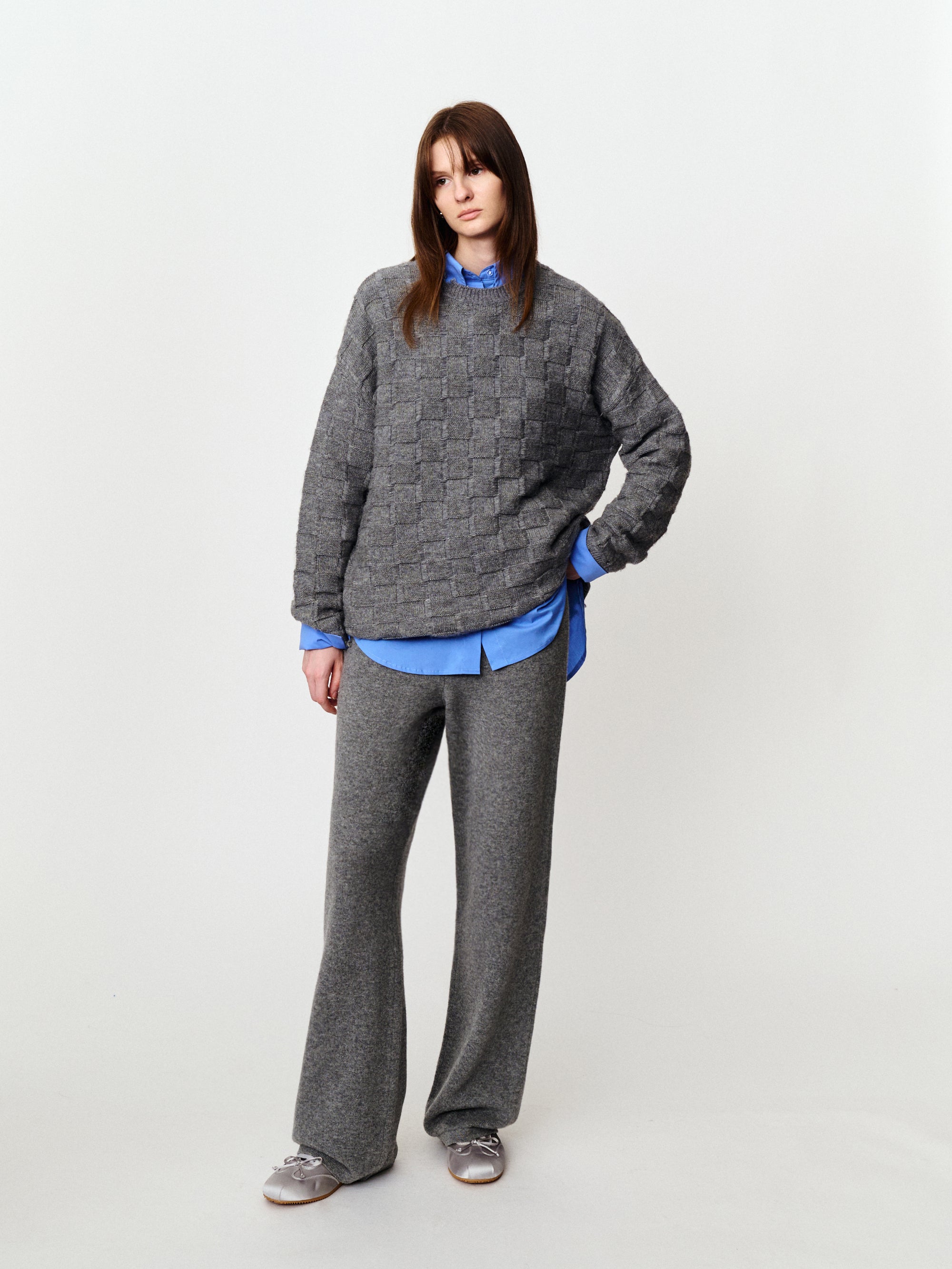 Medium-length wool sweater with geometric texture check pullover