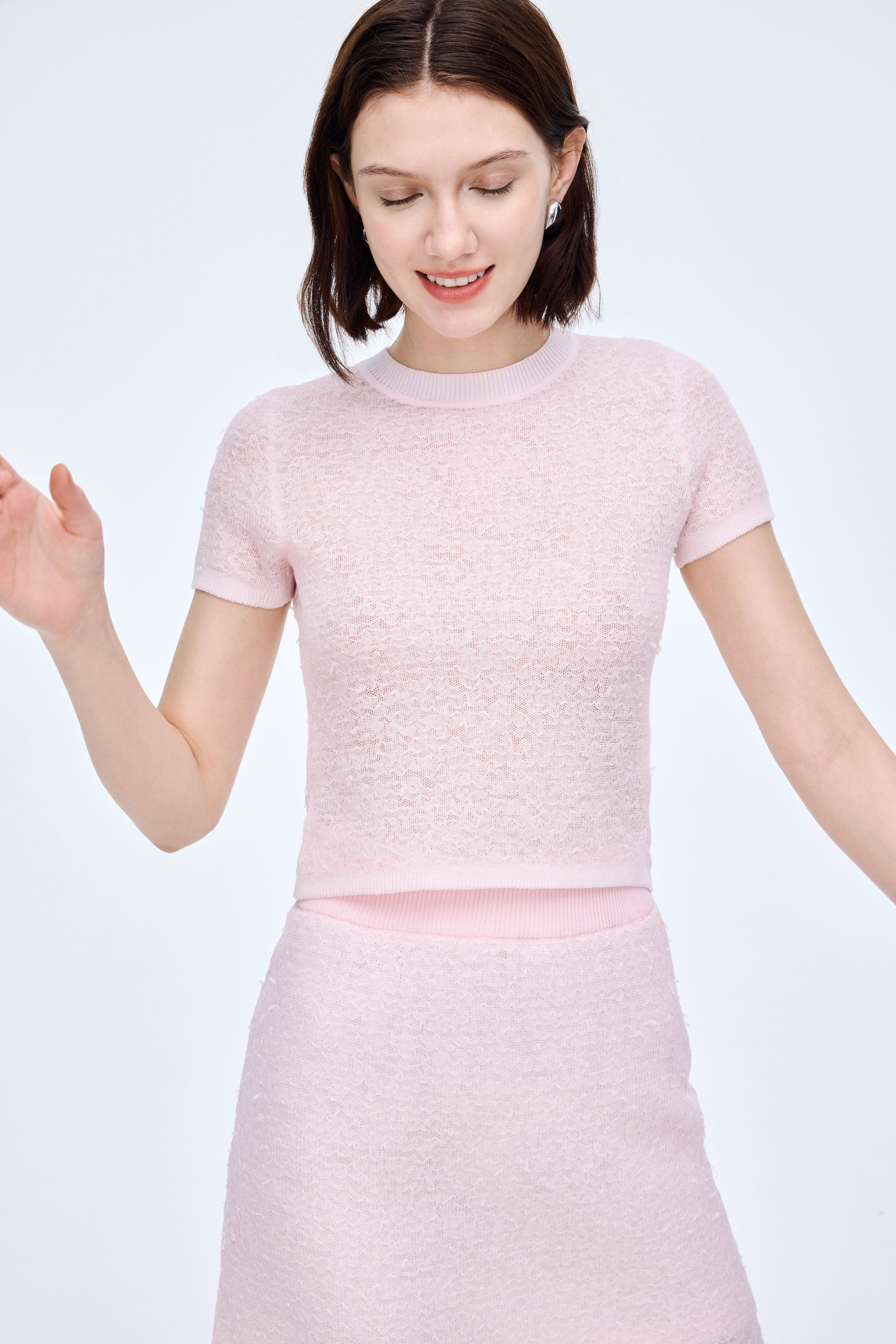 Round-neck floral yarn knit short sleeve