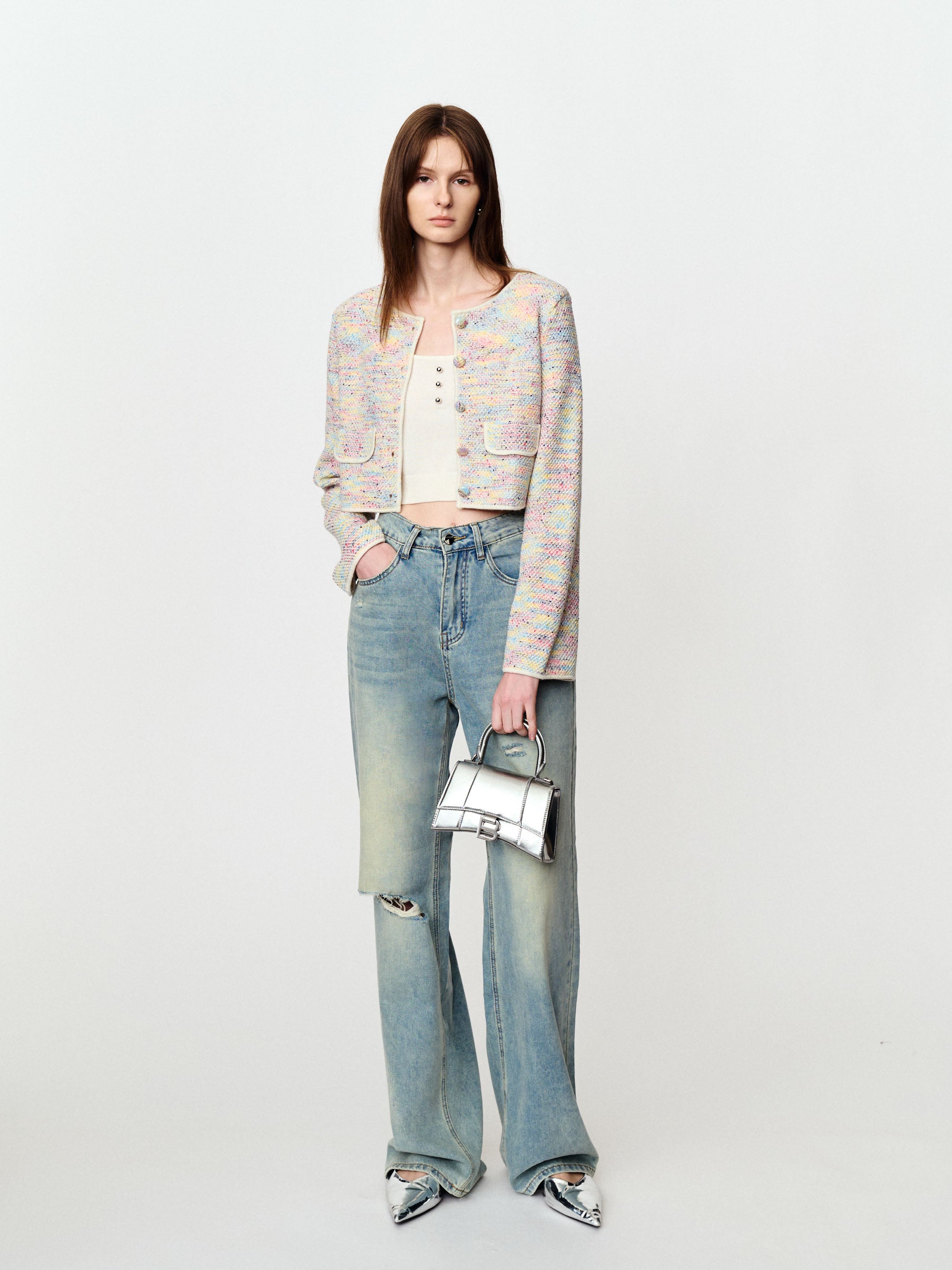 Short knit blazer with colorful dots and fragrance