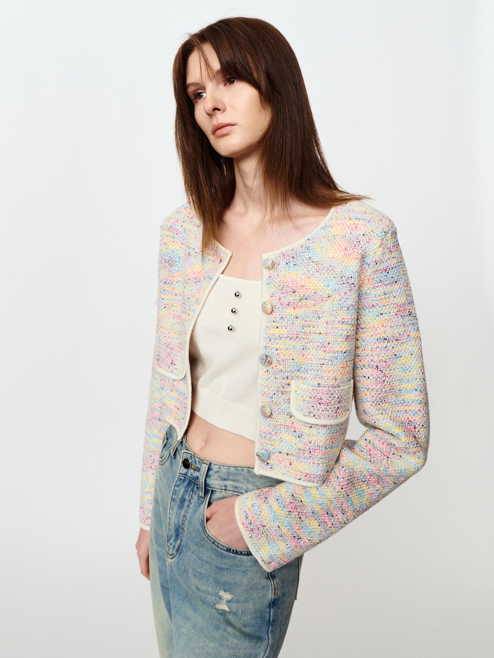 Short knit blazer with colorful dots and fragrance