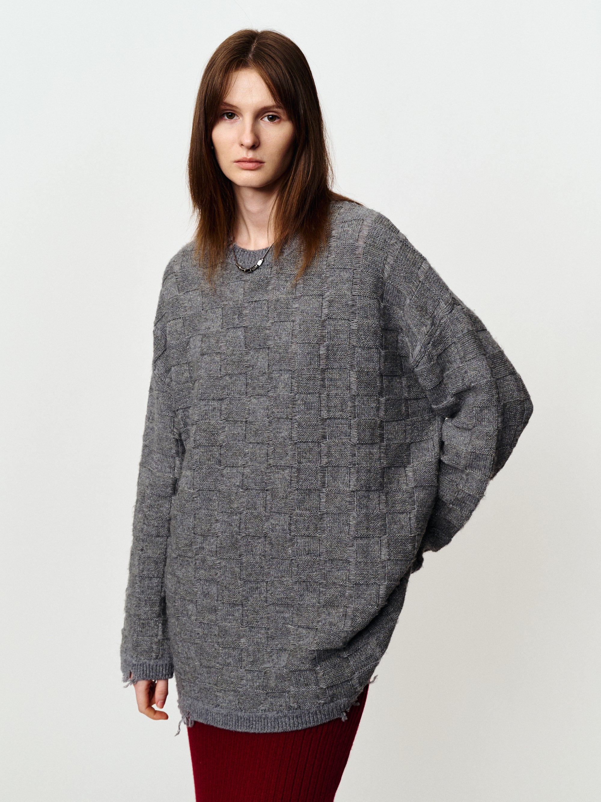 Medium-length wool sweater with geometric texture check pullover