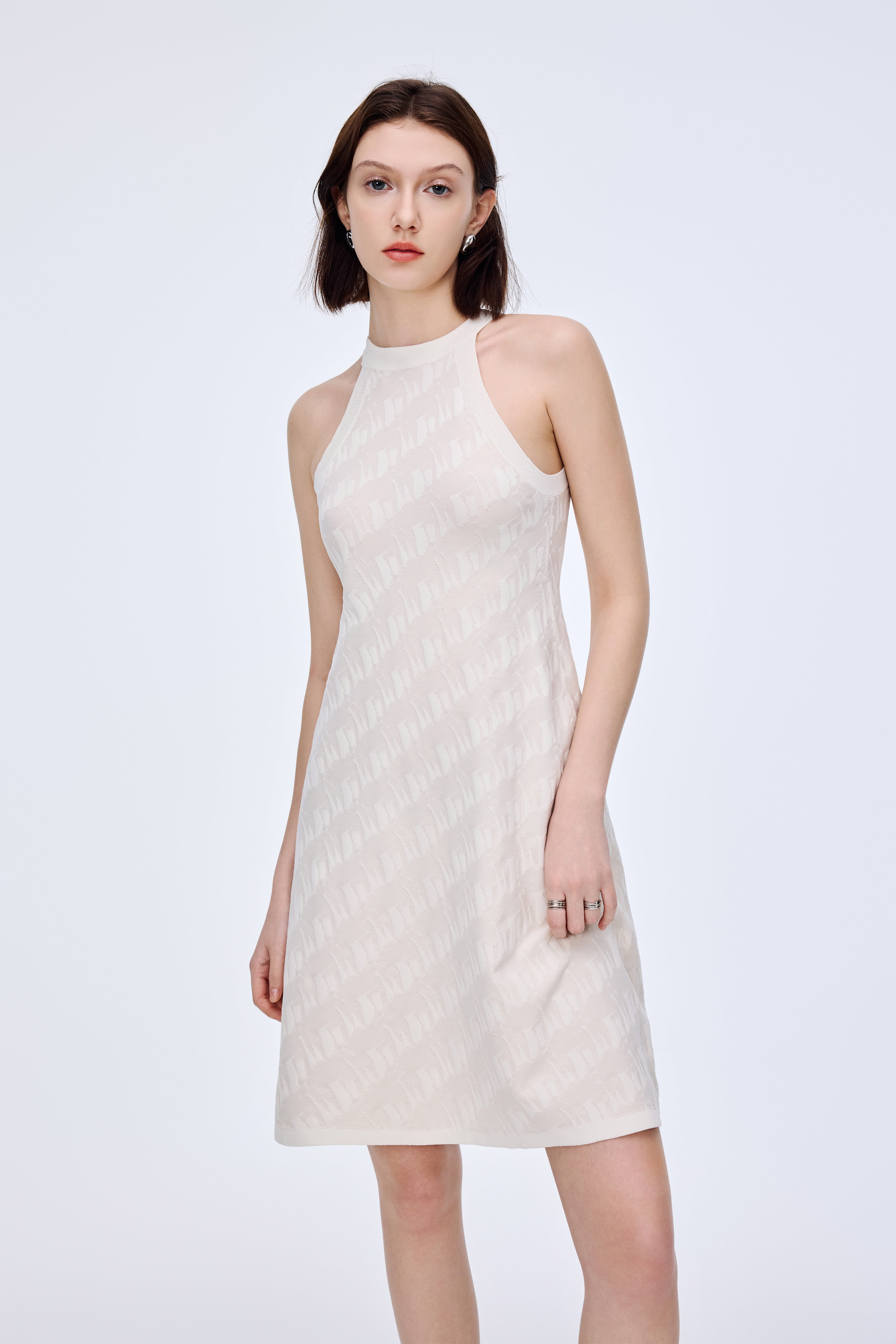 Halter-neck sleeveless jacquard dress