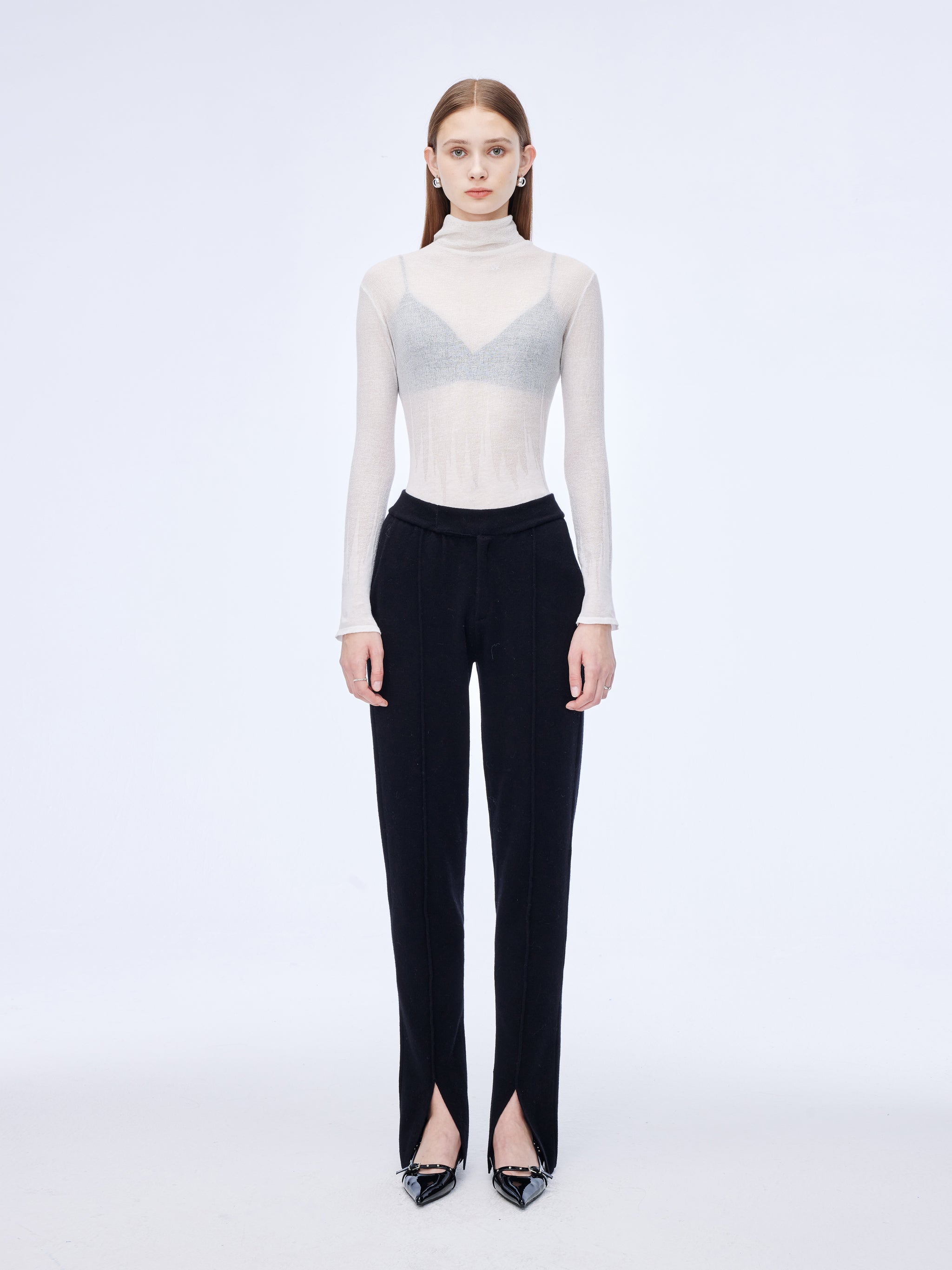 High neck pattern slightly translucent top