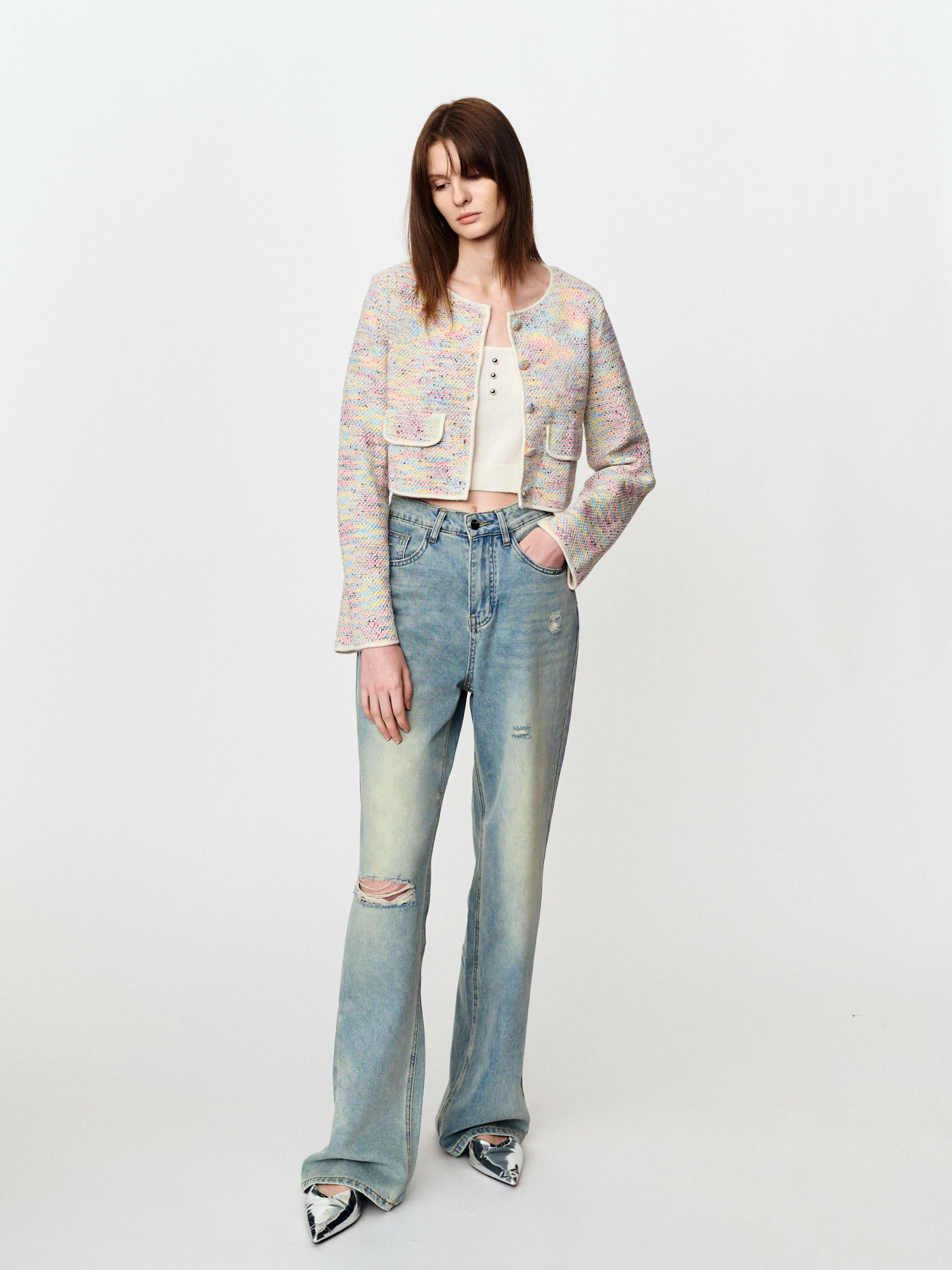 Short knit blazer with colorful dots and fragrance