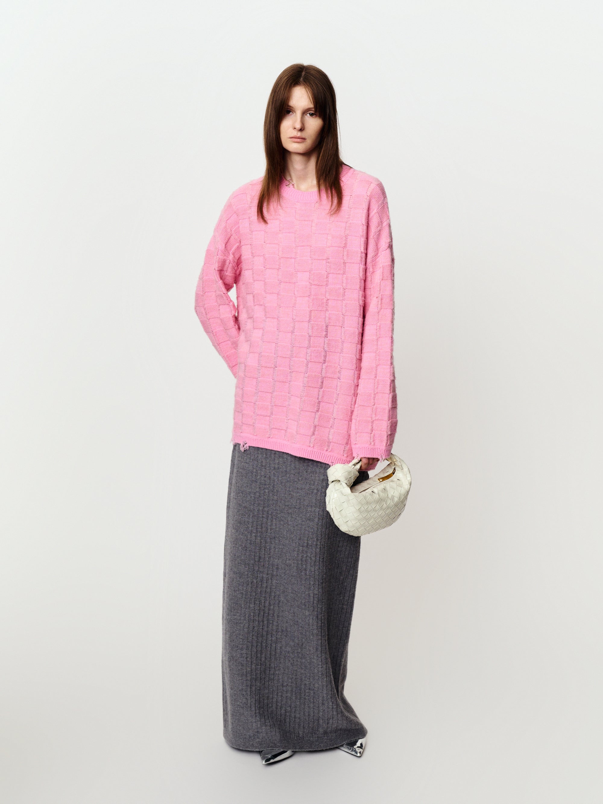 Medium-length wool sweater with geometric texture check pullover