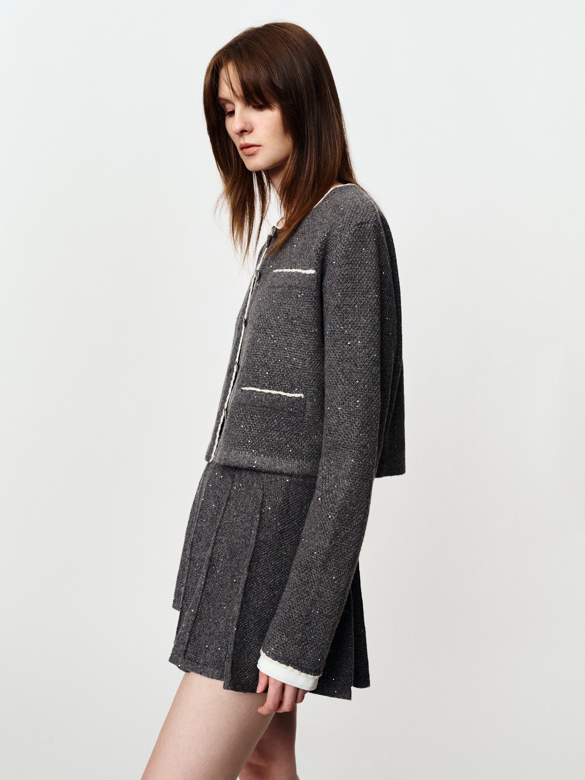 Sequin knit coat small fragrance suit high-waisted pleated skirt