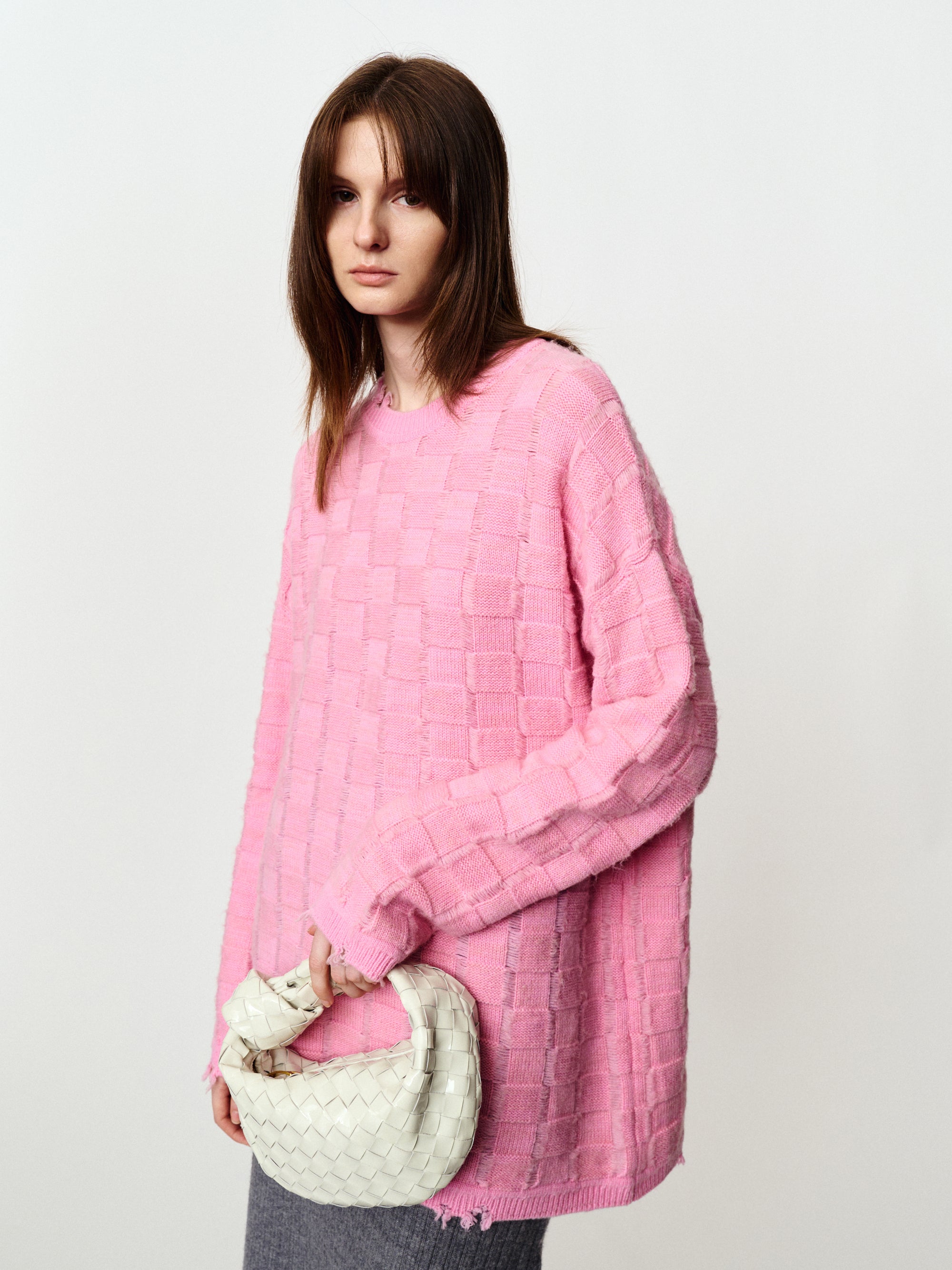 Medium-length wool sweater with geometric texture check pullover