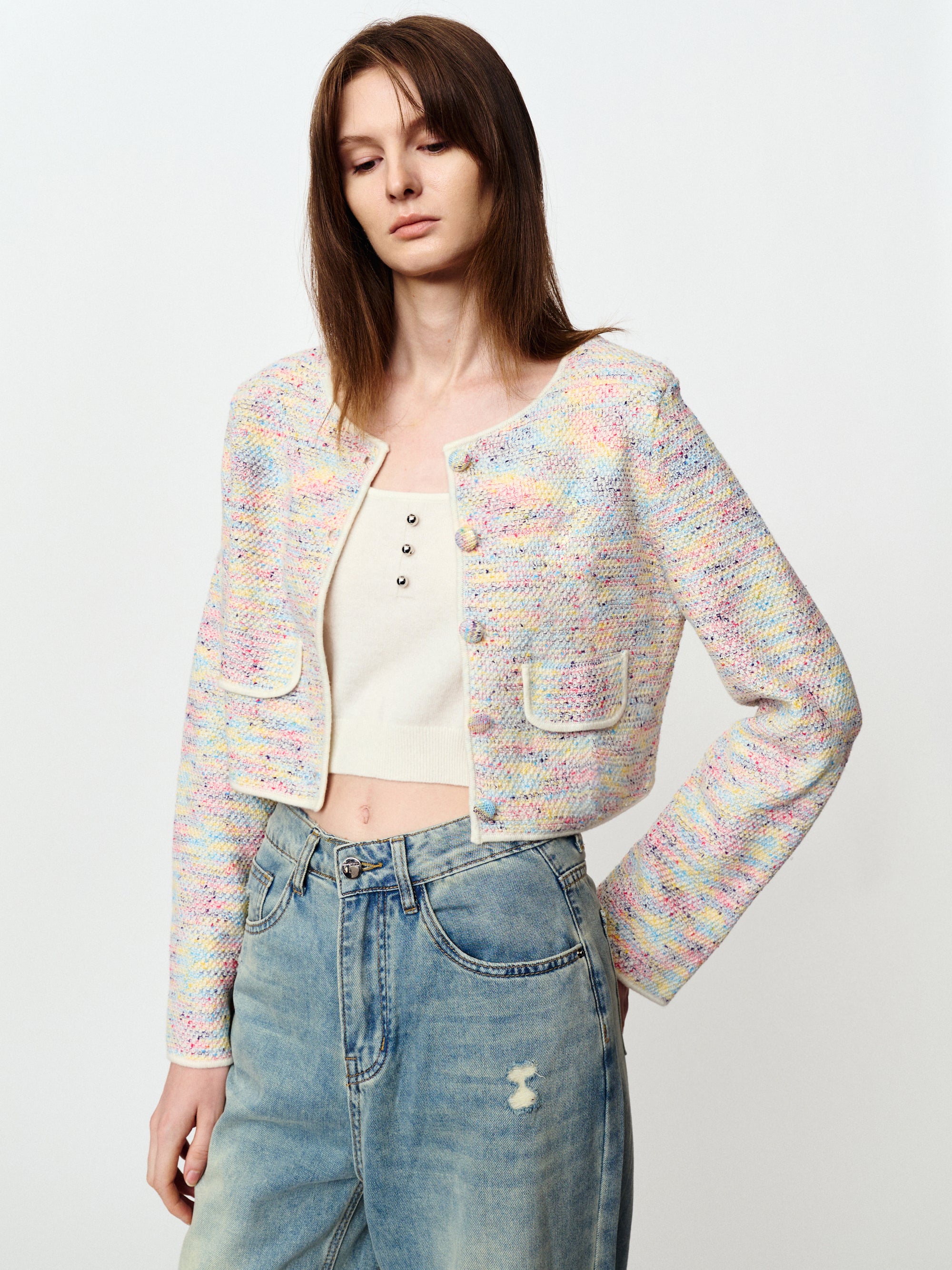 Short knit blazer with colorful dots and fragrance