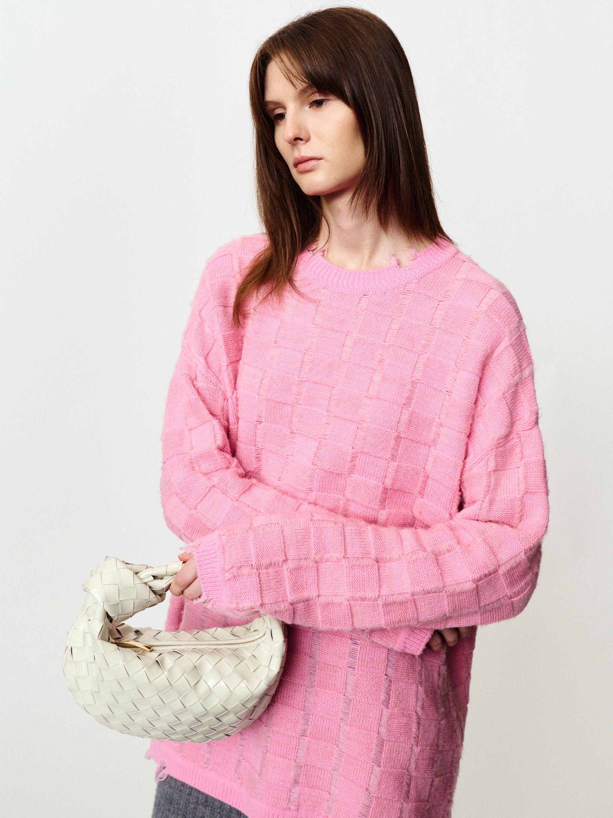 Medium-length wool sweater with geometric texture check pullover