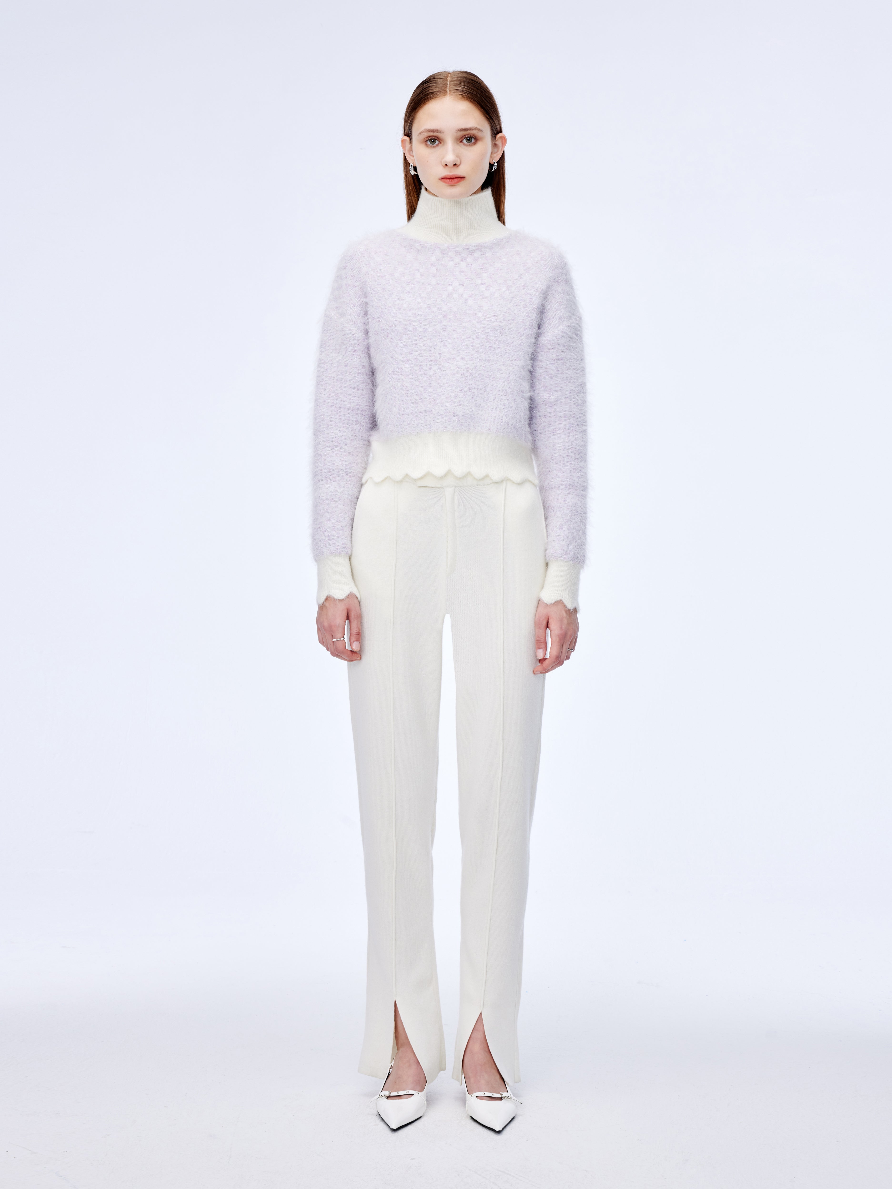 Wave-edged shimmery roll-neck jumper