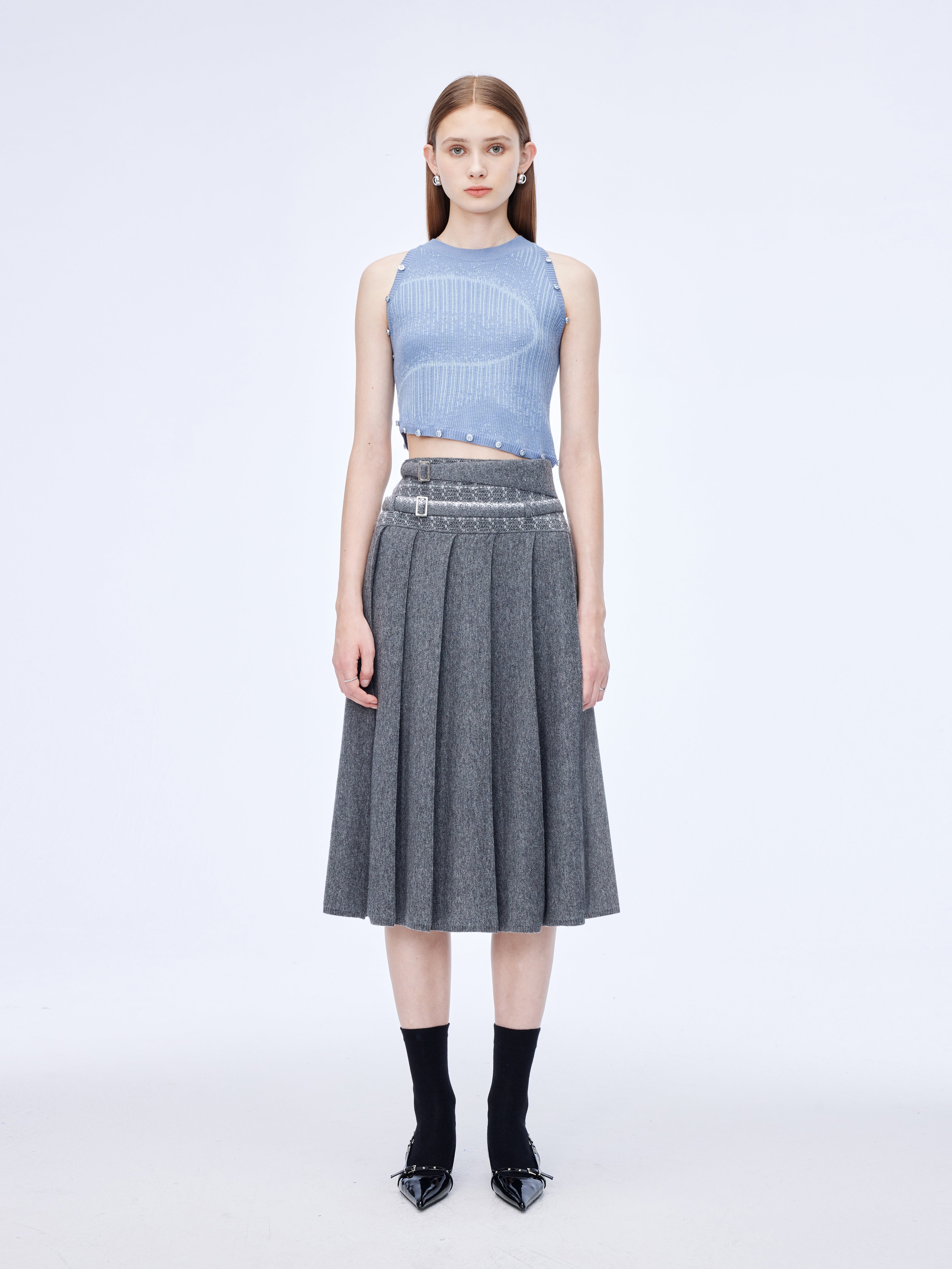 Double-belted Pleated Skirt