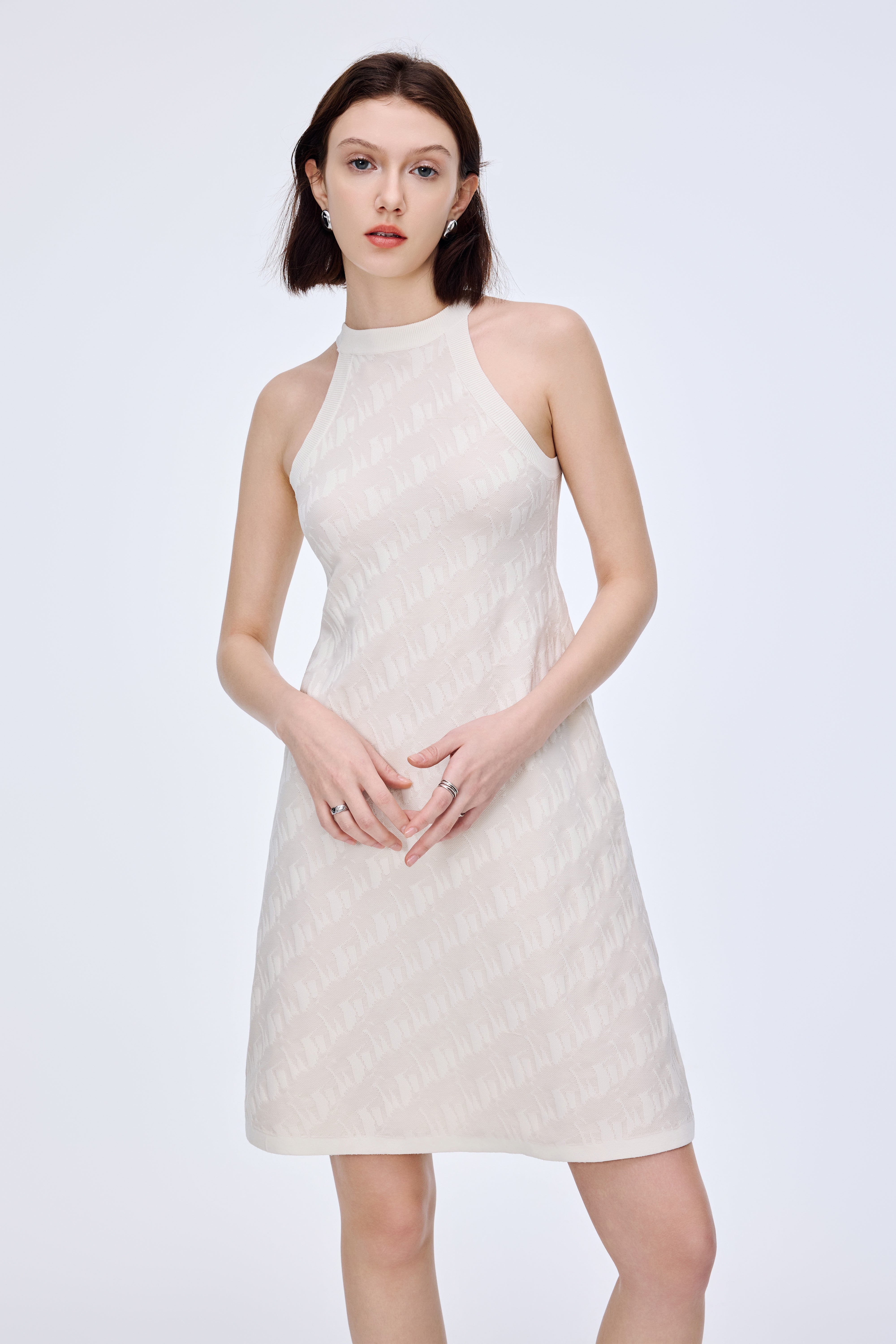 Halter-neck sleeveless jacquard dress