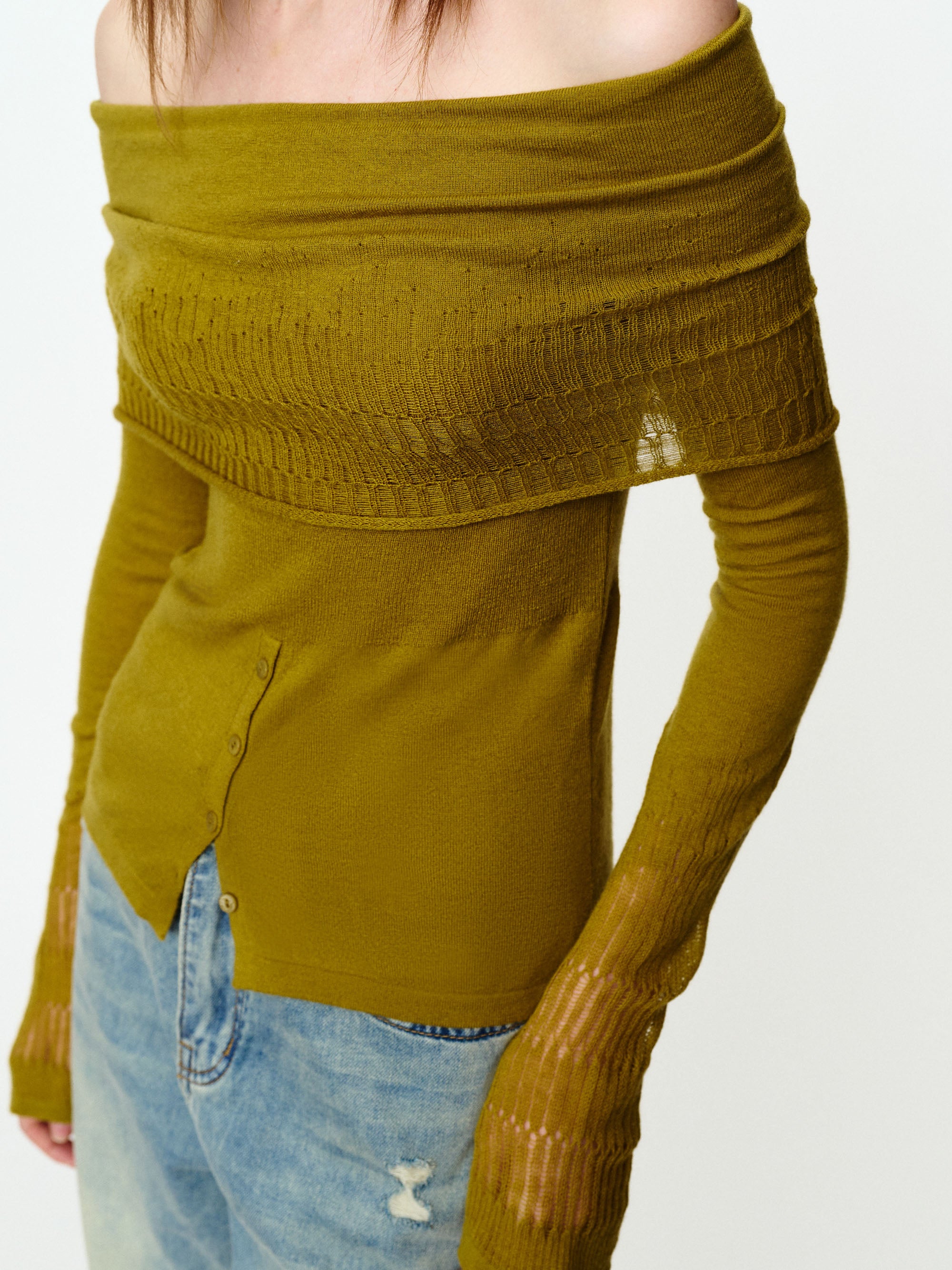 One-shoulder niche design long-sleeved wool sweater