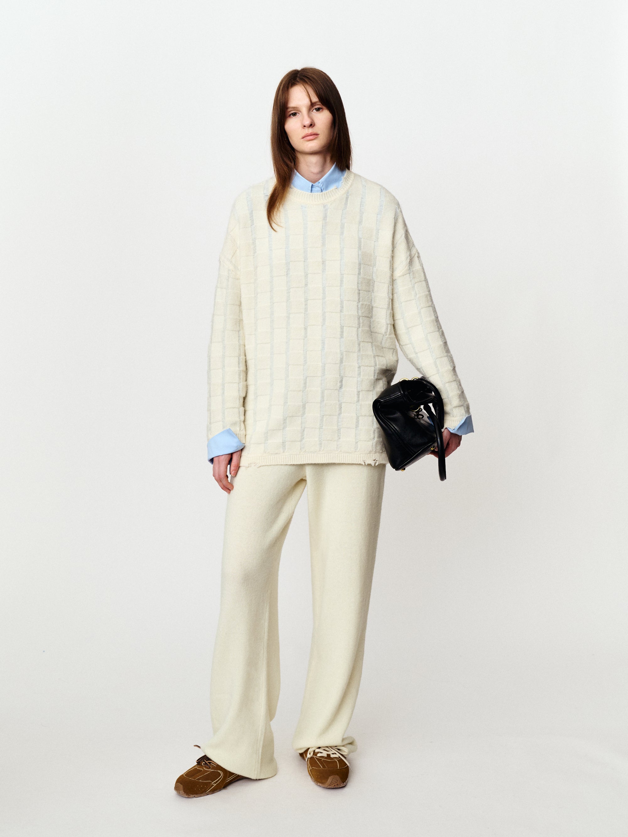 Medium-length wool sweater with geometric texture check pullover