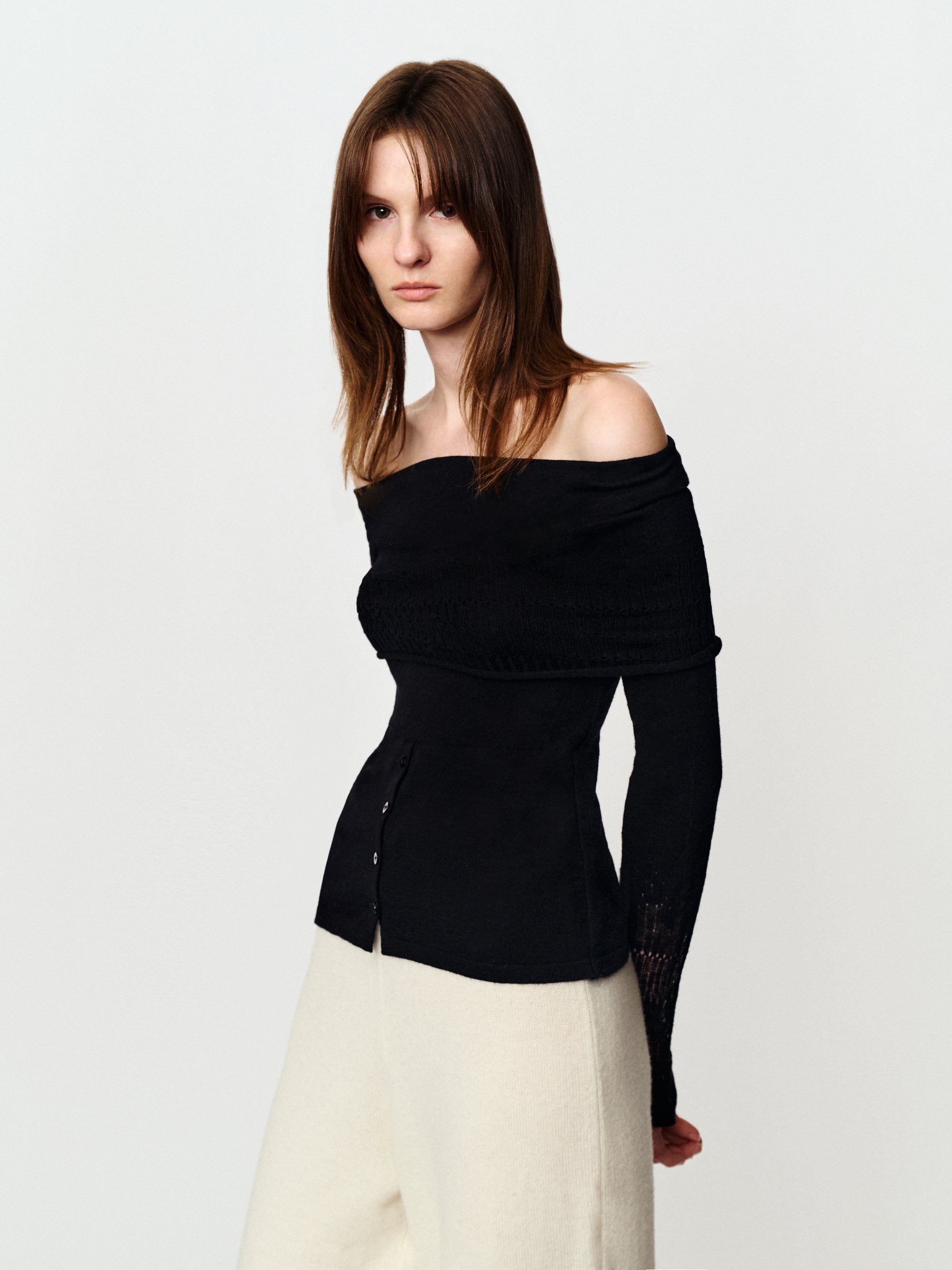 One-shoulder niche design long-sleeved wool sweater