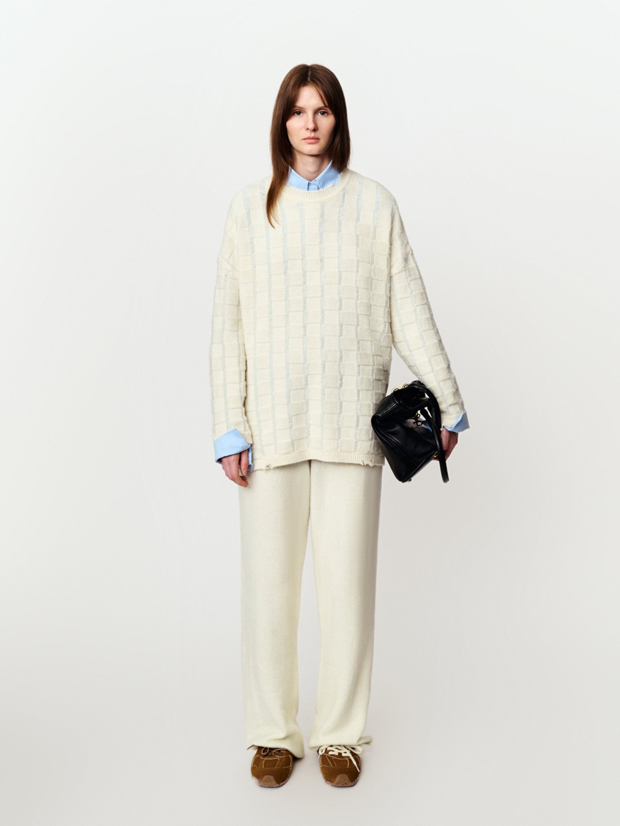 Medium-length wool sweater with geometric texture check pullover