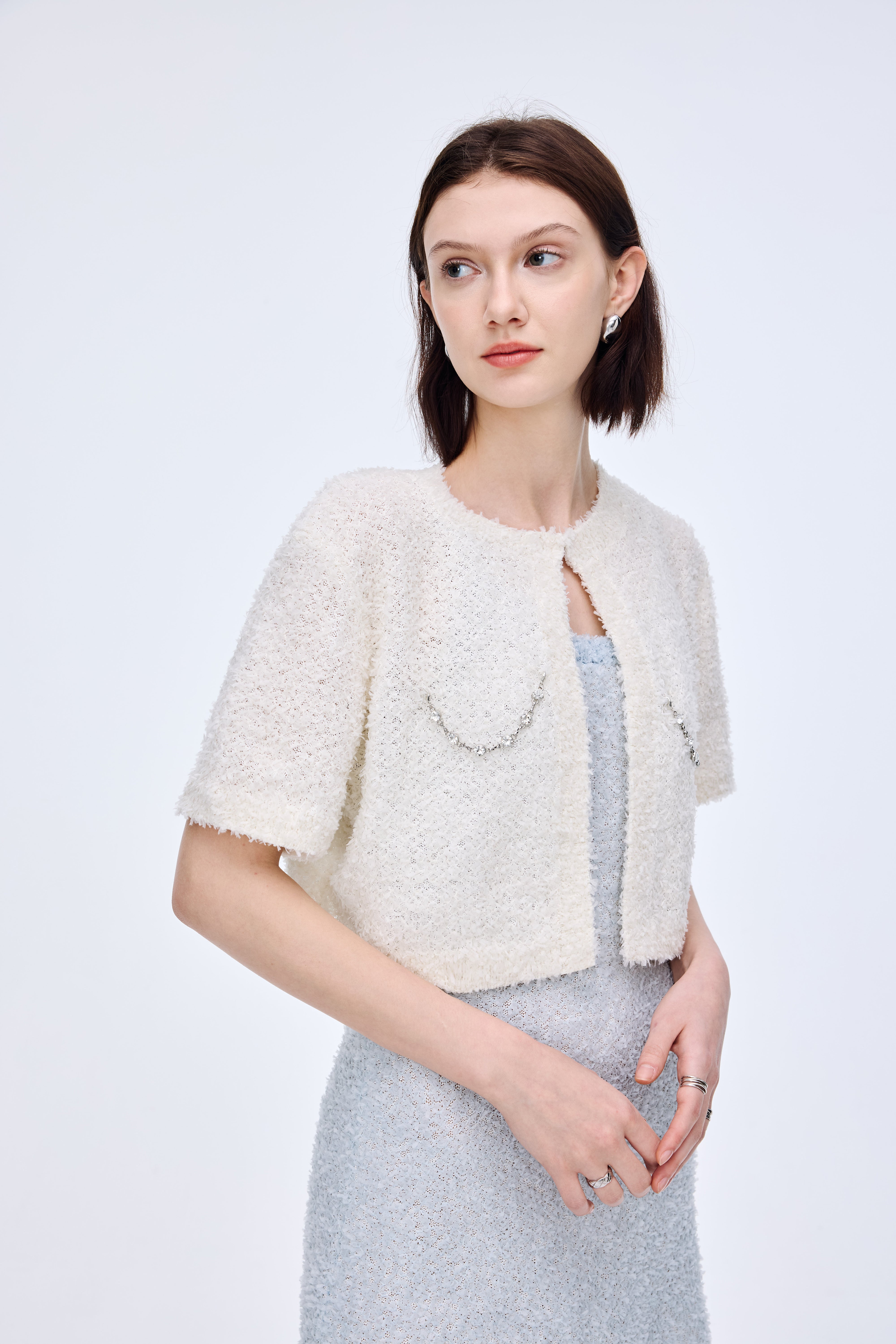 Floral Yarn Chain Embellished Knit Cardigan