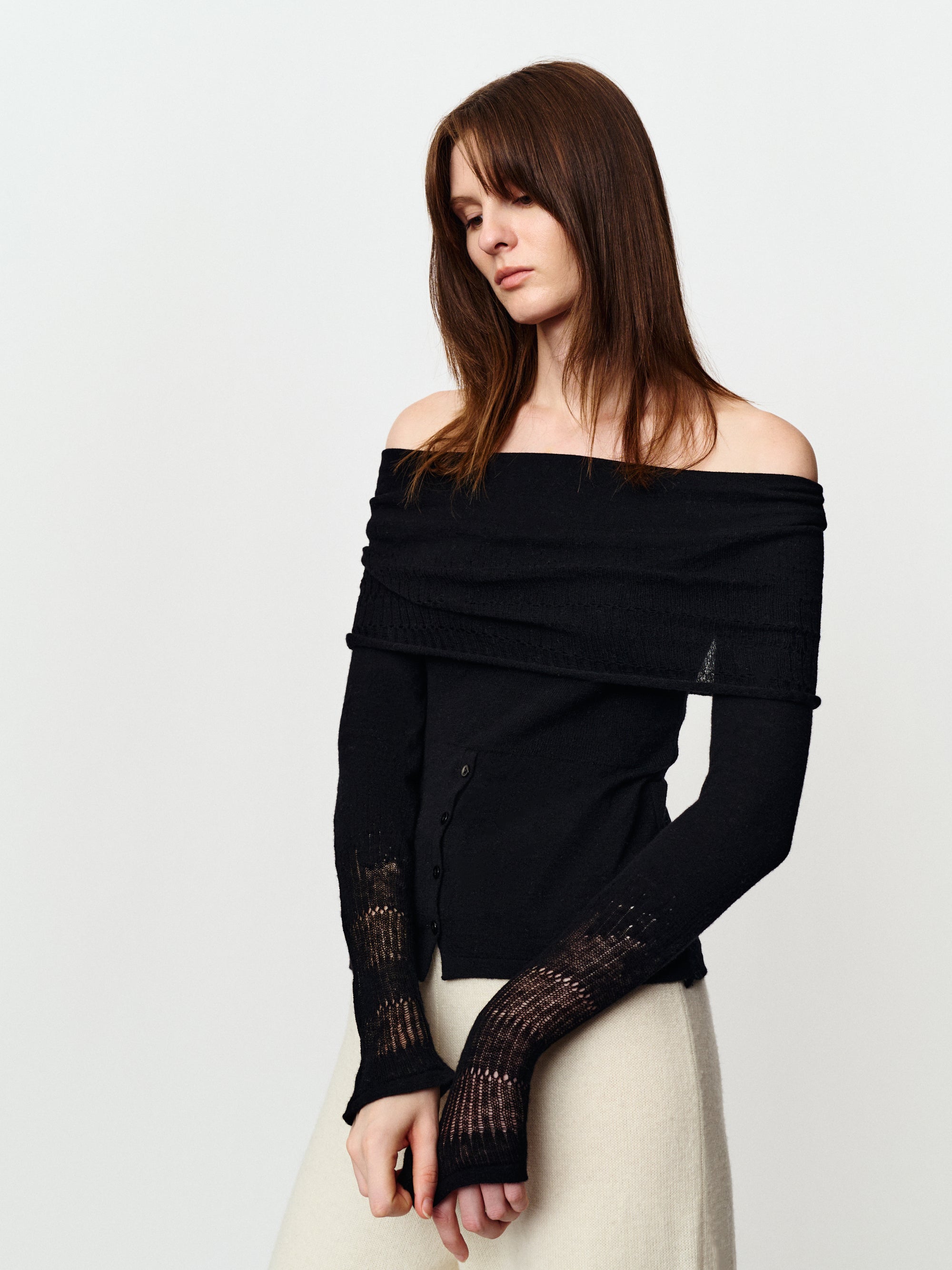 One-shoulder niche design long-sleeved wool sweater